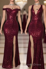 Long Mermaid Burgundy Sequin Prom Dresses Glitter Split Evening Gown