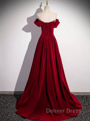 Burgundy Velvet Long Prom Dresses, Off the Shoulder Evening Party Dresses
