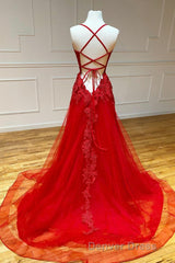 Red Long Prom Dresses Chic & Modern Lace Applique Straps Formal Dresses