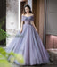 Purple Tulle Beaded Long Prom Dress, Off Shoulder Prom Dresses