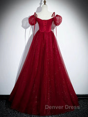 Burgundy Satin Tulle Floor Length Prom Party Dresses