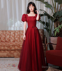 Burgundy satin tulle long prom dress A line evenig dress
