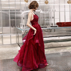 Burgundy lace tulle long A line prom dress
