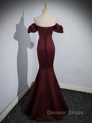 Burgundy Satin Long Prom Dresses, Mermaid Off the Shoulder Evening Party Dresses