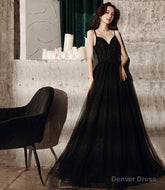 Black tulle long A line prom dress evening dress