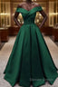 Off Shoulder Emerald Green Long Satin Prom Dresses