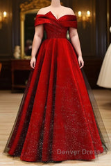 Burgundy Satin and Black Tulle Floor Length Prom Dresses