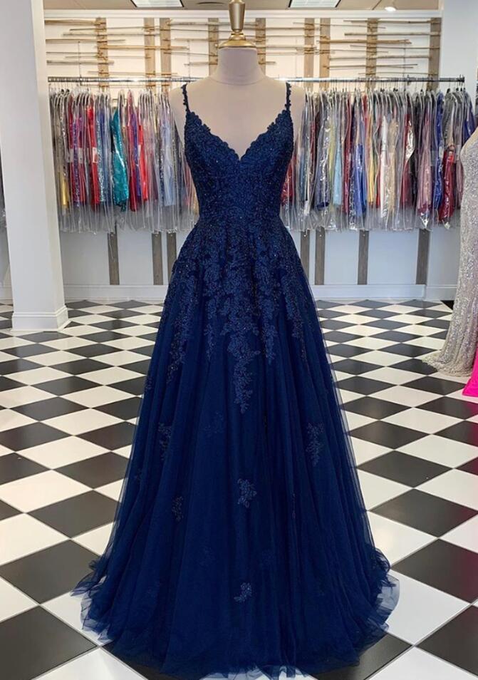 Navy A-line Tulle Cross Back Lace V-neck Sleeveless Prom Dress, FC4604