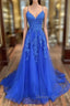 A Line Spaghetti Straps Sweep Train Tulle Prom Dresses With Lace Appliqued