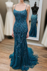Stunning Blue Lace Appliqus Long Prom Dresses