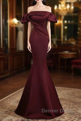 Burgundy Satin Long Prom Dresses, Mermaid Off the Shoulder Evening Party Dresses