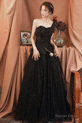 Black tulle sequins long prom dress A line evening dress