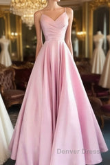 Pink A Line Sweetheart Satin Long party Dresses Prom Dresses Elegant Evening Dresses Custom Size