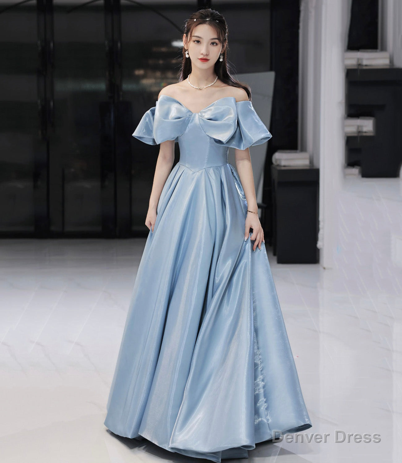 Blue satin long prom dress A line evening dress – Denver Dress
