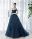 Elegant Tulle Long A-Line Prom Dress, Blue Off the Shoulder Evening Party Dress