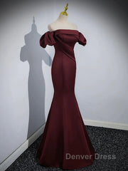 Burgundy Satin Long Prom Dresses, Mermaid Off the Shoulder Evening Party Dresses