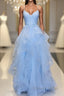Blue sleeveless prom Dresses,applique spaghetti-straps v-neck evening Dresses,tulle lace ruffles party Dresses