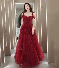 Burgundy tulle long prom dress A line evening dress