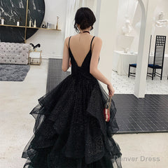 Black tulle sequins prom dress evening dress
