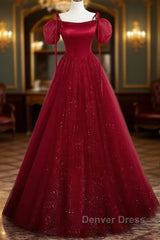 Burgundy Satin Tulle Floor Length Prom Party Dresses