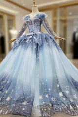 Find The Perfect Shade Of Blue Ball Gown Tulle Sequins Long Sleeve Appliques Beading Prom Dresses