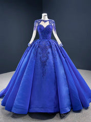 Fit Your Body Type Royal Blue Ball Gown Organza Beading Long Sleeve Prom Dress
