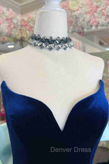 Fitted Mermaid Royal Blue Velvet Prom Dresses With Bow