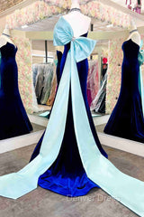 Fitted Mermaid Royal Blue Velvet Prom Dresses With Bow