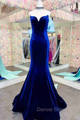 Fitted Mermaid Royal Blue Velvet Prom Dresses With Bow