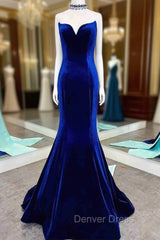 Fitted Mermaid Royal Blue Velvet Prom Dresses With Bow