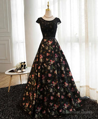 Black Lace Floral Patterns Long Prom Dress, Black Evening Dress