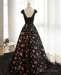 Black Lace Floral Patterns Long Prom Dress, Black Evening Dress