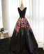 Black V Neck Floral Patterns Long Prom Dress, Black Prom Dresses