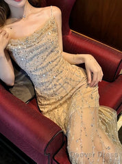 Flesh Pink Spaghetti Strap Mermaid Tulle Sequined Prom Dress Birthday Dress