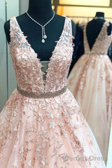Floor Length Blush Pink Prom Dress With Lace Appliques