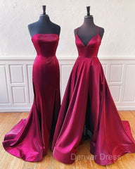 Floor Length Long Satin Burgundy Prom Dresses With Split
