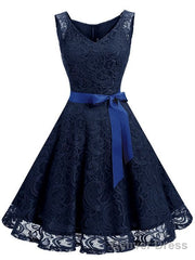 Floral Lace Belted Party Swing Dress V Neck Sleeveless Homecoming Dress