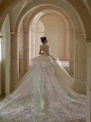 Floral Lace Off-Shoulder Fit And Flare Wedding Dress Long Sleeve Sparkly Elegant