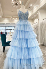 Floral Lace V-Neck Multi-Tiered A-Line Prom Dresses