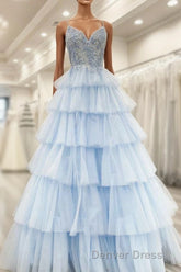 Floral Lace V-Neck Multi-Tiered A-Line Prom Dresses