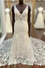 Floral Lace V-Neck Trumpet Long Wedding Dresses