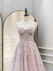 Floral Strapless Pink Lace Appliques Long Prom Dresses