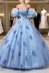 Floral Tulle Long Prom Dresses, Blue Short Sleeve Evening Dresses