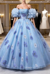 Floral Tulle Long Prom Dresses, Blue Short Sleeve Evening Dresses