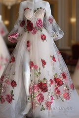 Flowers Appliques Princess A Line Champagne Prom Dresses With Slit