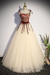 Flowers Champagne Long Tulle Prom Dresses with Straps