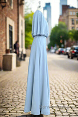 Flutter Sleeves Chiffon Sky Blue Bridesmaid Dresses with Sash Bow Max Dresses