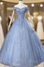 For The Very Best In Unique Or Custom. Blue Ball Gowns Tulle Sequins Off the Shoulder Beading Quinceanera Dresses