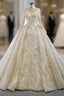 For You Champagne Ball Gowns Tulle Appliques Long Sleeve Beading Wedding Dresses