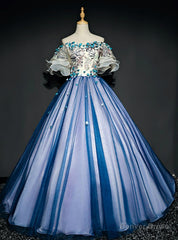 For Your Big Night Blue Ball Gown Tulle Off the Shoulder Puff Sleeve Quinceanera Dress